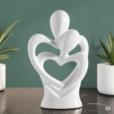 White heart hugging couple sculpture made of ceramic on a dark marble surface