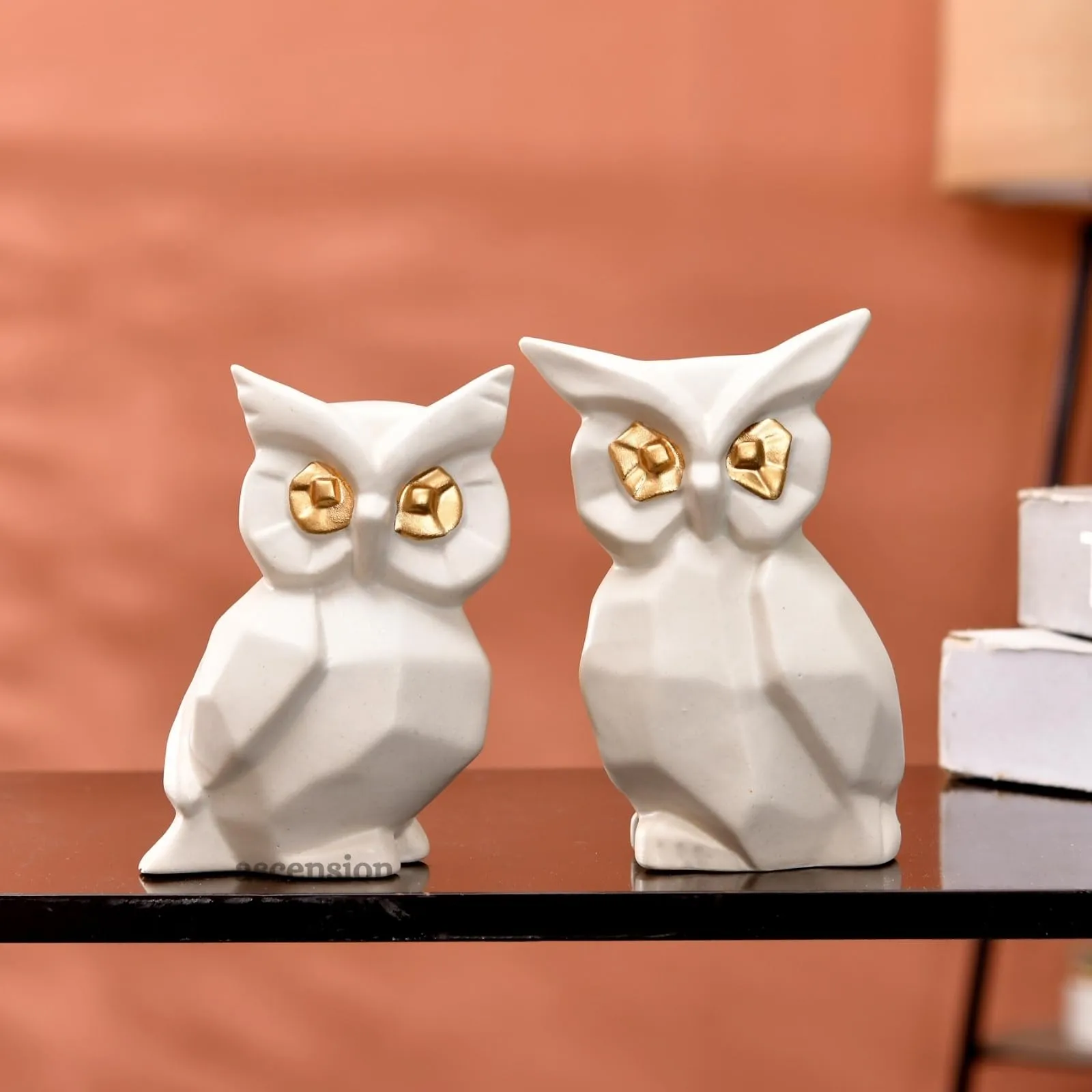 White & Gold Owl Statue Set
