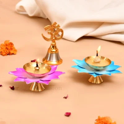 Ascension Handicraft Pack of 2 Brass Lotus Diya for Puja Multicolor Kamal Patti Flower Shaped Brass Diya with Om Ghanti Oil Lamp for Pooja Room aarti Temple mandir Diwali Decoration & Gift Purposes