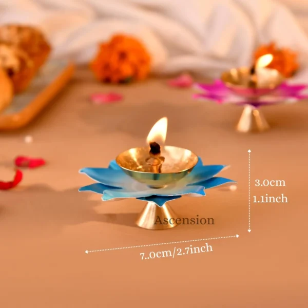 Ascension Handicraft Pack of 2 Brass Lotus Diya for Puja Multicolor Kamal Patti Flower Shaped Brass Diya with Om Ghanti Oil Lamp for Pooja Room aarti Temple mandir Diwali Decoration & Gift Purposes - Image 2