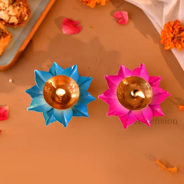 Ascension Handicraft Pack of 2 Brass Lotus Diya for Puja Multicolor Kamal Patti Flower Shaped Brass Diya with Om Ghanti Oil Lamp for Pooja Room aarti Temple mandir Diwali Decoration & Gift Purposes - Image 3