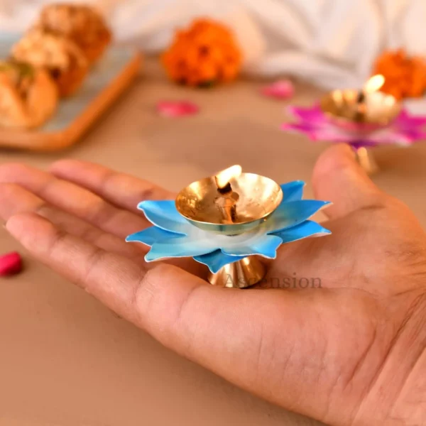 Ascension Handicraft Pack of 2 Brass Lotus Diya for Puja Multicolor Kamal Patti Flower Shaped Brass Diya with Om Ghanti Oil Lamp for Pooja Room aarti Temple mandir Diwali Decoration & Gift Purposes - Image 7