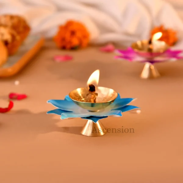 Ascension Handicraft Pack of 2 Brass Lotus Diya for Puja Multicolor Kamal Patti Flower Shaped Brass Diya with Om Ghanti Oil Lamp for Pooja Room aarti Temple mandir Diwali Decoration & Gift Purposes - Image 8