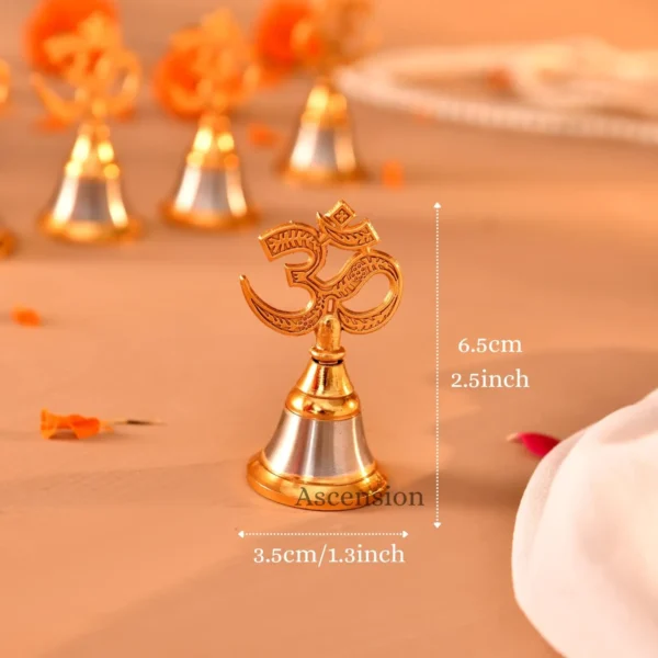 Ascension Metal Gold Plated Om Ghanti Om Design Small Pooja Bell for Mandir Traditional Brass Finish Hand Bell for Worship Decorative Item for Home Temple Aarti Spiritual & Religious Use (Pack of 8) - Image 2