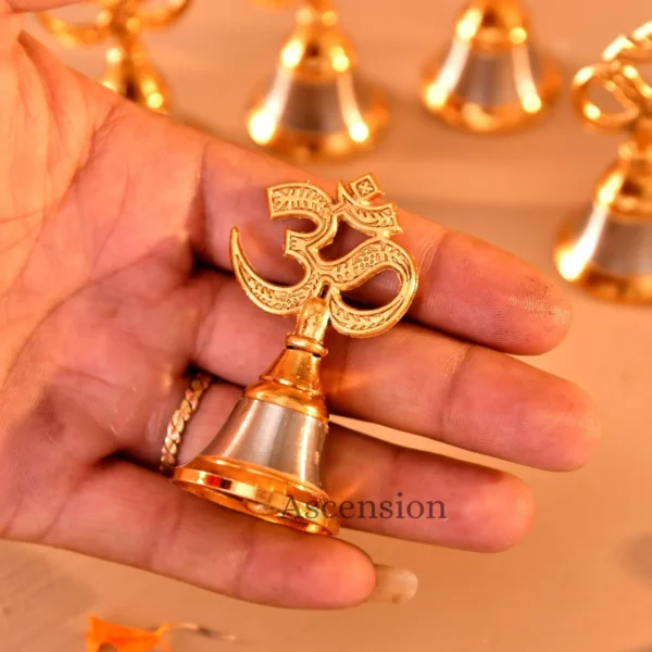Ascension Metal Gold Plated Om Ghanti Om Design Small Pooja Bell for Mandir Traditional Brass Finish Hand Bell for Worship Decorative Item for Home Temple Aarti Spiritual & Religious Use (Pack of 8) - Image 3