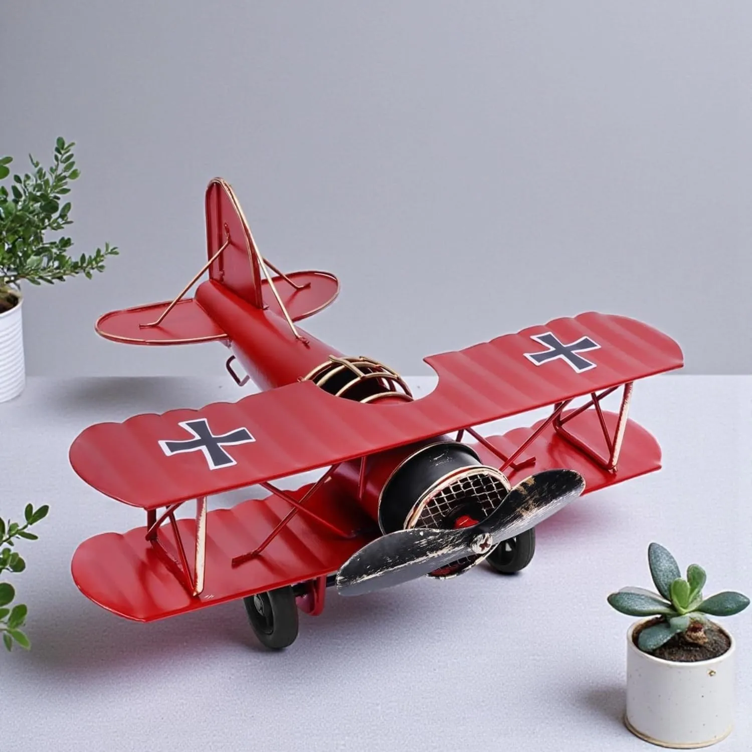 ascension Vintage Red Biplane Metal Model ? Retro WWI Fighter Aircraft Showpiece for Home, Office, Study Table, Desk, Decoration Accessories Retro Airplane Model Perfect for Decor & Kids Gifts Item