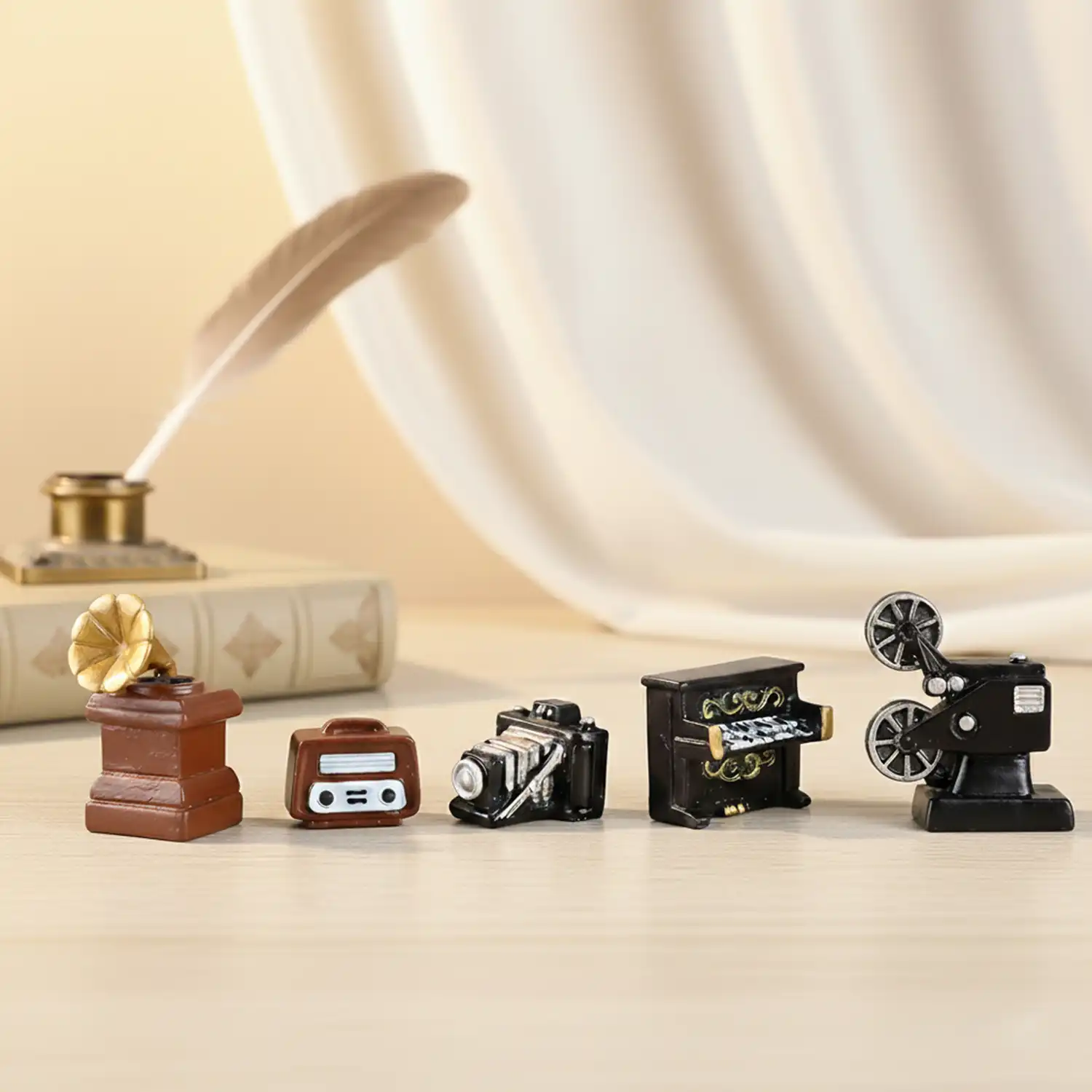 ascension Vintage Miniature Set of 5 ? Retro Gramophone, Radio, Camera, Piano & Projector Figurines for Home Office Living Room Table Desk Decoration Item Collectible Miniature Showpiece & Gift Item