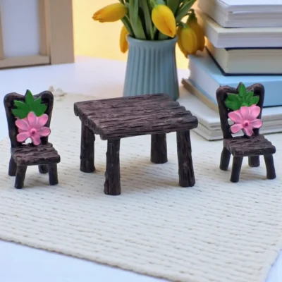 Ascension 3 Pcs Table and Chair Miniature Set with Flower Design for Fairy Garden, Dollhouse, Terrarium, Home D?cor, DIY Craft, and Mini Landscape Decoration Accessories & Gift Item