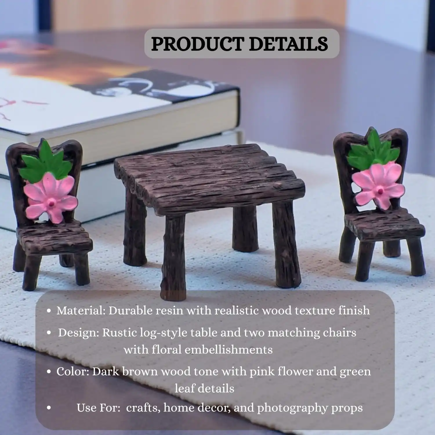 Ascension 3 Pcs Table and Chair Miniature Set with Flower Design for Fairy Garden, Dollhouse, Terrarium, Home D?cor, DIY Craft, and Mini Landscape Decoration Accessories & Gift Item - Image 5
