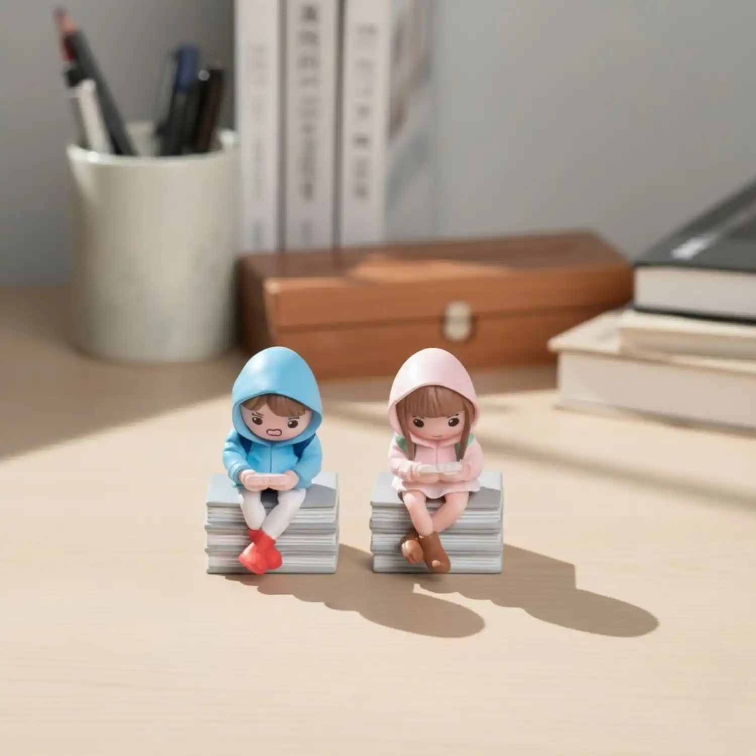 ascension Cute Couple Mini Figurines with Hoodies Sitting on Books Gift for Girlfriend Boyfriend Husband Wife Miniature Statue Showpiece for Valentines Day Gift Romantic Gifts for Your Love Miniature