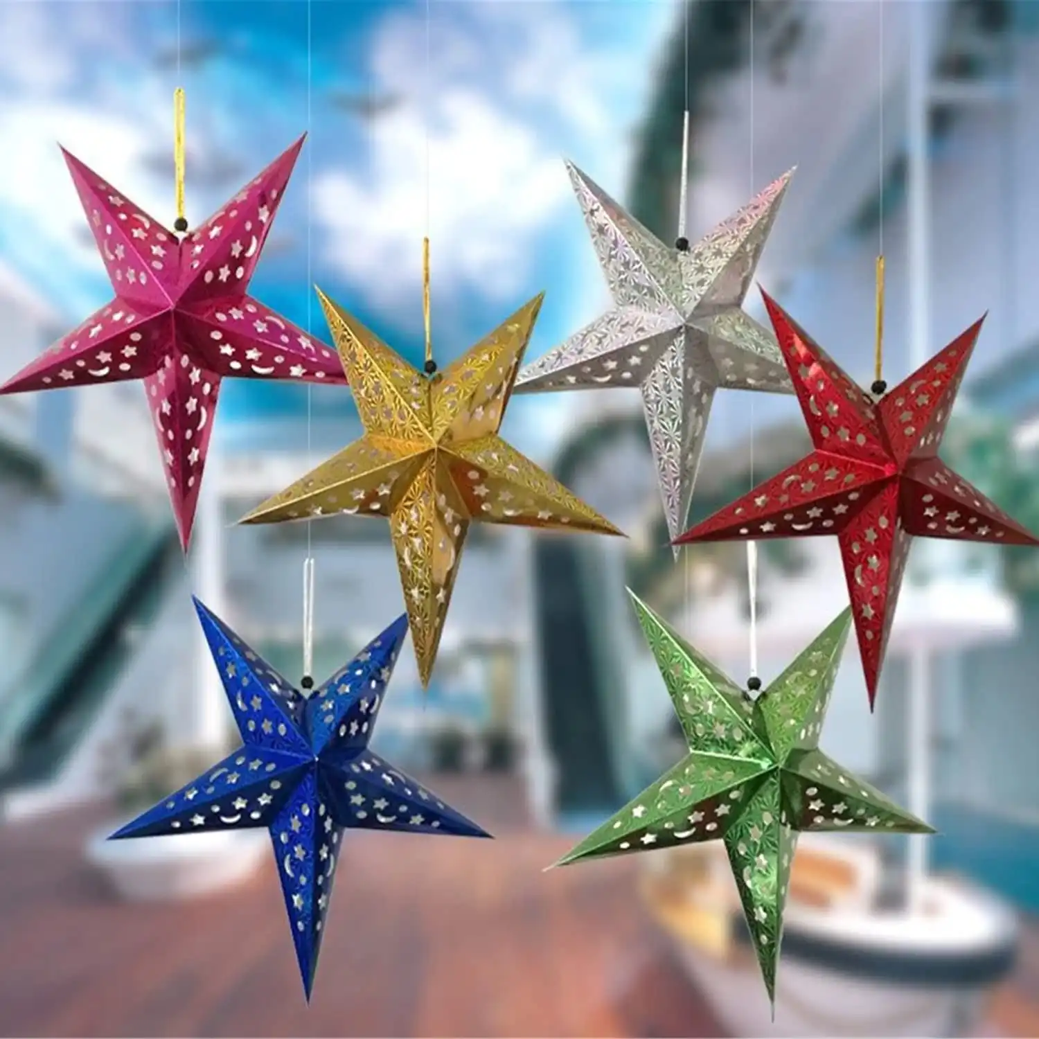 Ascension Pack of 10 Multi Paper Star Lantern Lampshade Hanging Christmas Xmas Day Decoration for Wedding Birthday Party Home Decor Hollow Out Design