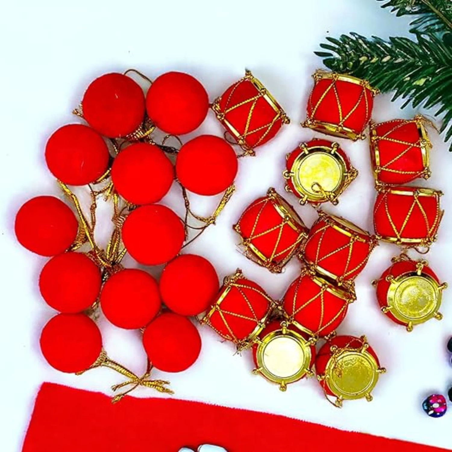 Ascension 12 Pcs Mini Red Artificial Balls &12pcs Mini Drum Set for Christmas Tree Decoration Xmas Tree Decoration Christmas Party Hanging Ornaments Christmas Tree Decor Combo