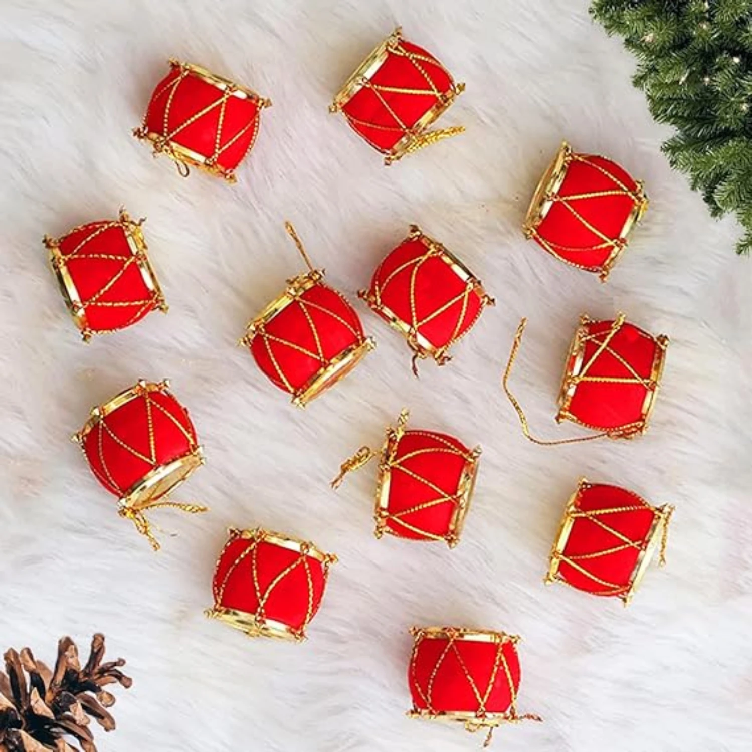 Ascension 12 Pcs Mini Red Artificial Balls &12pcs Mini Drum Set for Christmas Tree Decoration Xmas Tree Decoration Christmas Party Hanging Ornaments Christmas Tree Decor Combo - Image 3