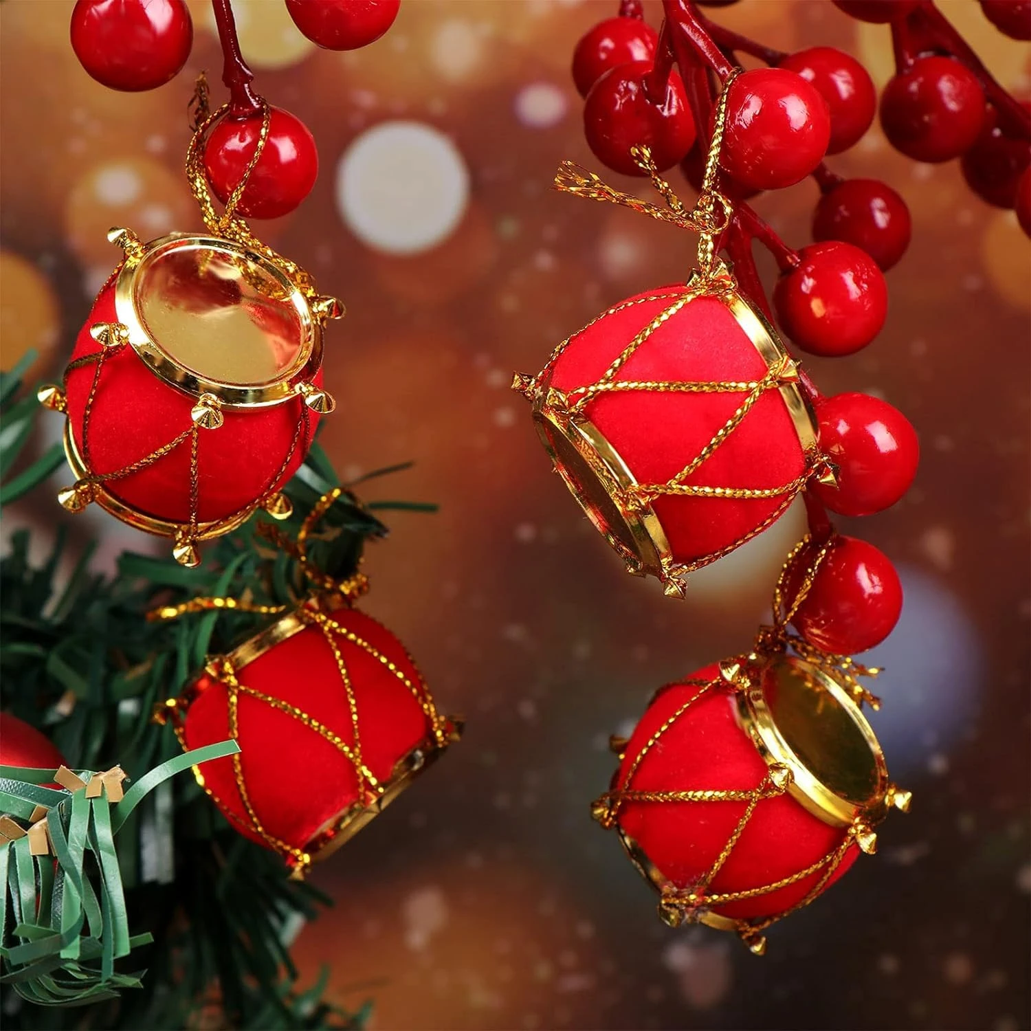 Ascension 12 Pcs Mini Red Artificial Balls &12pcs Mini Drum Set for Christmas Tree Decoration Xmas Tree Decoration Christmas Party Hanging Ornaments Christmas Tree Decor Combo - Image 7