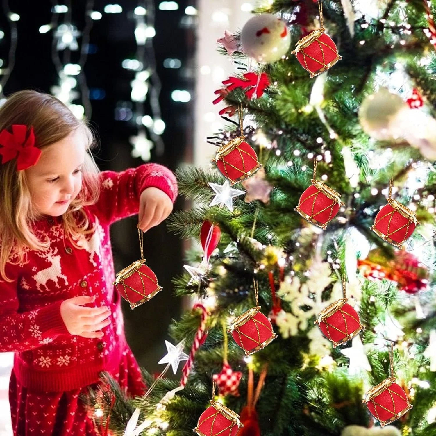 Ascension 12 Pcs Mini Red Artificial Balls &12pcs Mini Drum Set for Christmas Tree Decoration Xmas Tree Decoration Christmas Party Hanging Ornaments Christmas Tree Decor Combo - Image 9