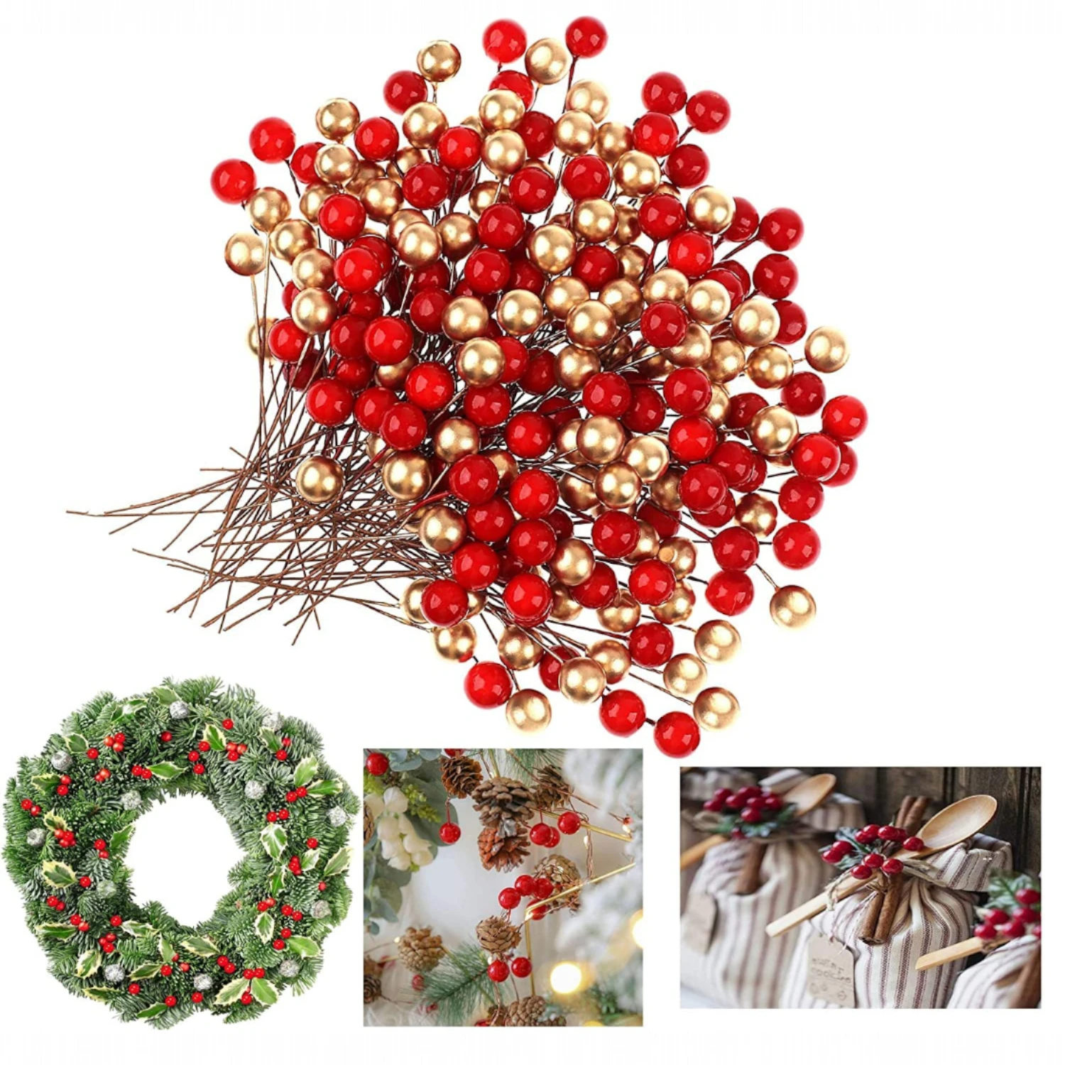 Ascension 100 Pcs Red& Golden Christmas Berries for Xmas Tree Decoration, Wreath Making, DIY Craft & Decoration Item