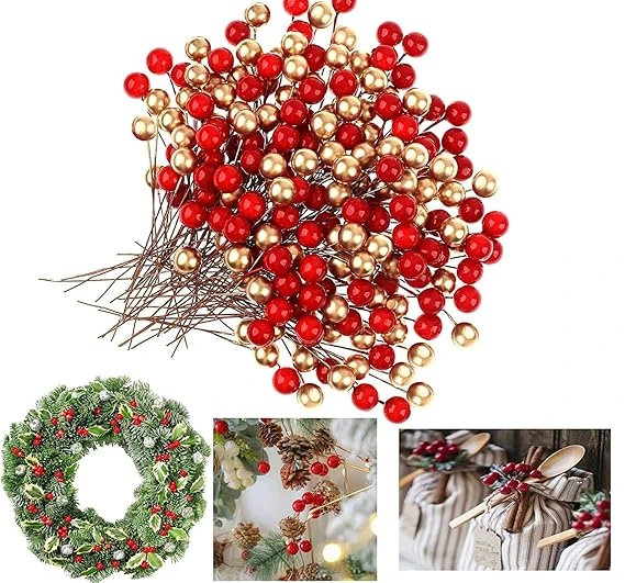 Ascension 100 Pcs Red& Golden Christmas Berries for Xmas Tree Decoration, Wreath Making, DIY Craft & Decoration Item
