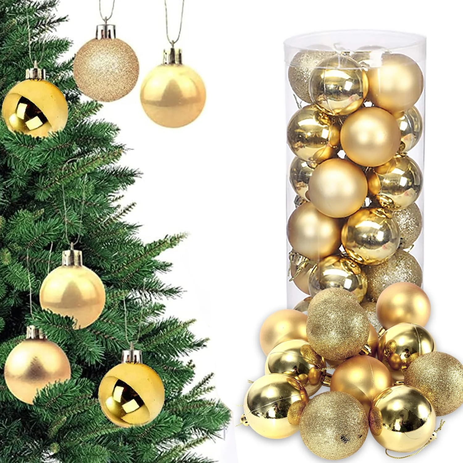 Ascension Pack of 20 Christmas Tree Decoration Balls Ornaments Hanging Props Xmas Tree Décor Accessories - Christmas Decorations Items for Home Decor Office Church Indoor Outdoor (Golden)