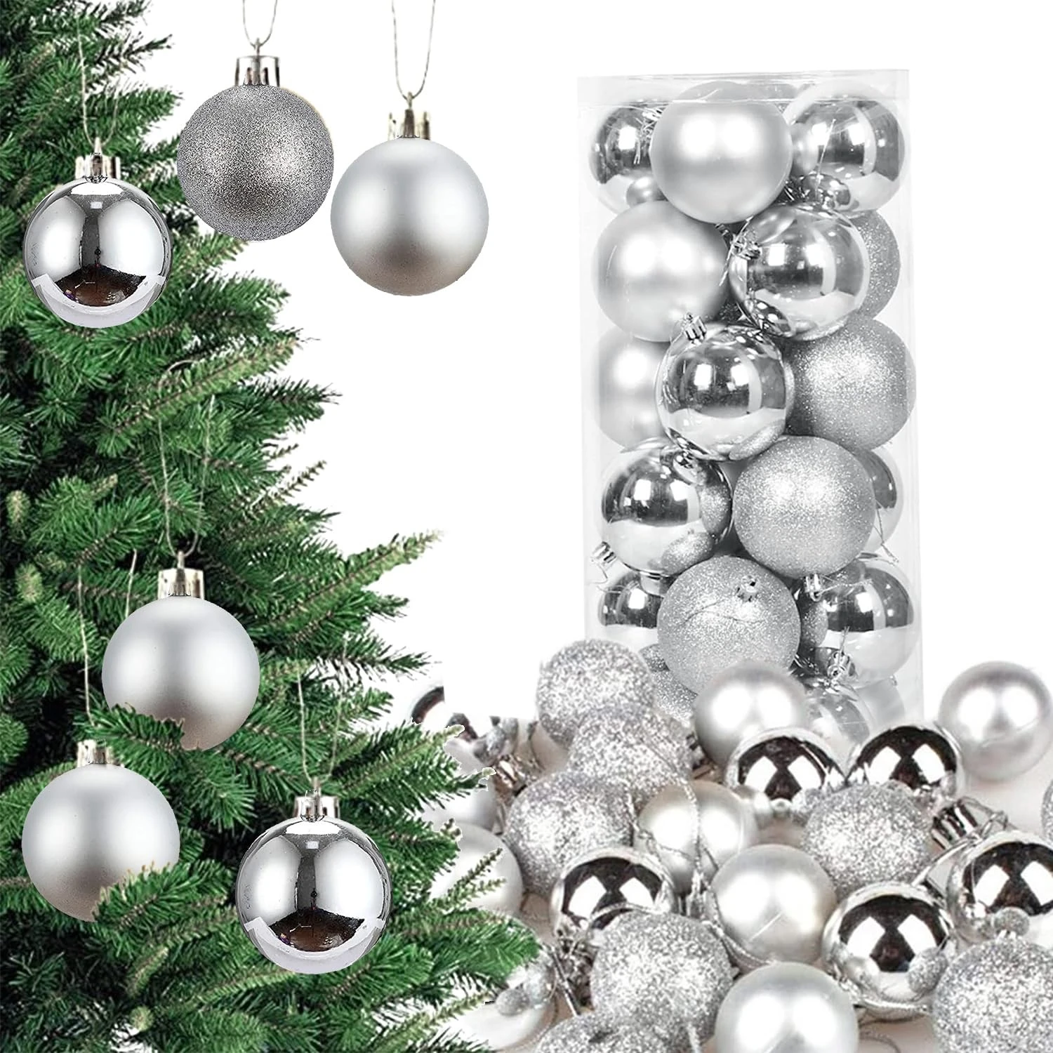 Ascension Pack of 20 Christmas Tree Decoration Balls Ornaments Hanging Props Xmas Tree Décor Accessories - Christmas Decorations Items for Home Decor Office Church Indoor Outdoor (Silver)