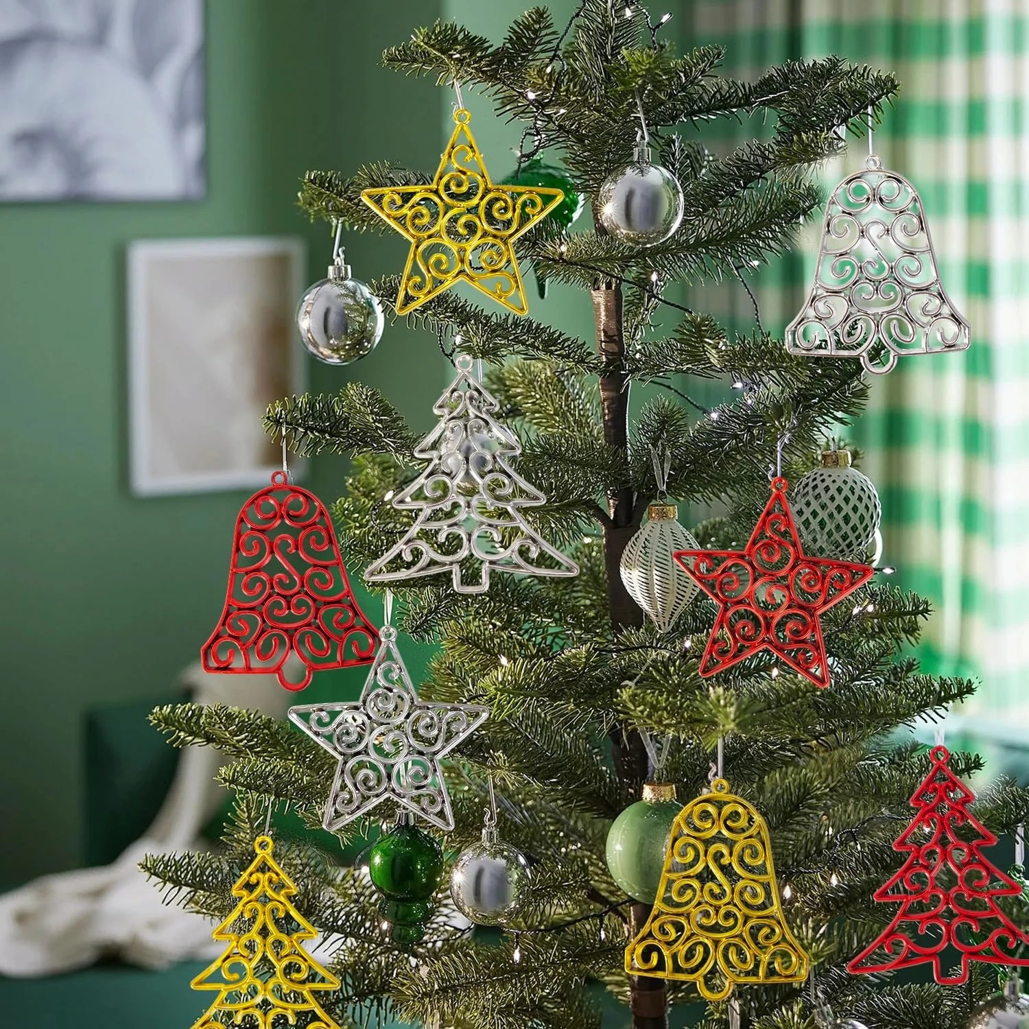 Ascension Set of 18 Pcs Xmas Christmas Tree Hangings Stars,Bells,Tree Combo Ornaments Hanging Props Xmas Tree Décor Accessories Christmas Decorations Items for Home Indoor Outdoor