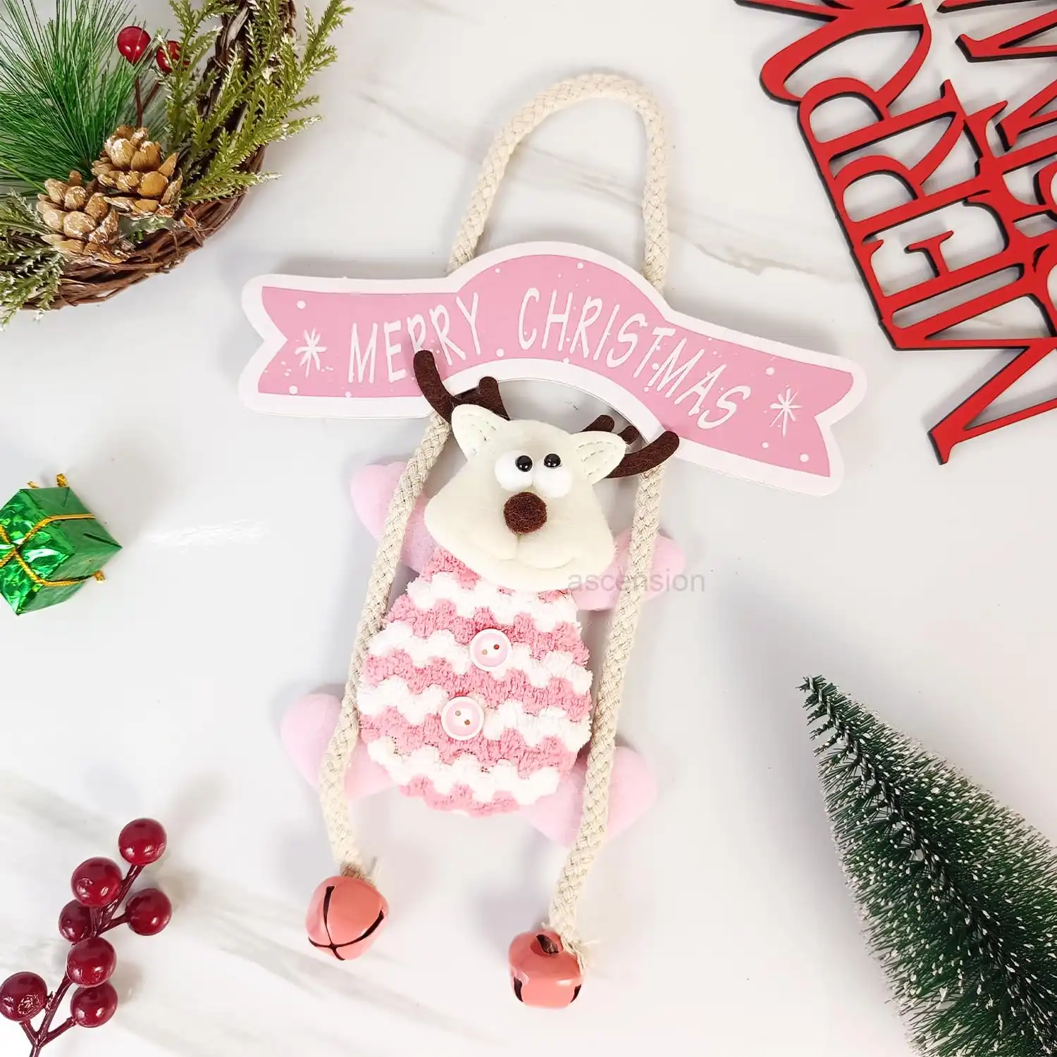 Ascension Elk Hanging Ornament Christmas Tree Decoration Items Hanging Doll with Merry Christmas Sign Soft Elk Reindeer Ornaments Tree Wall Hanging Home Holiday Welcome Front Door Decorations - Image 3