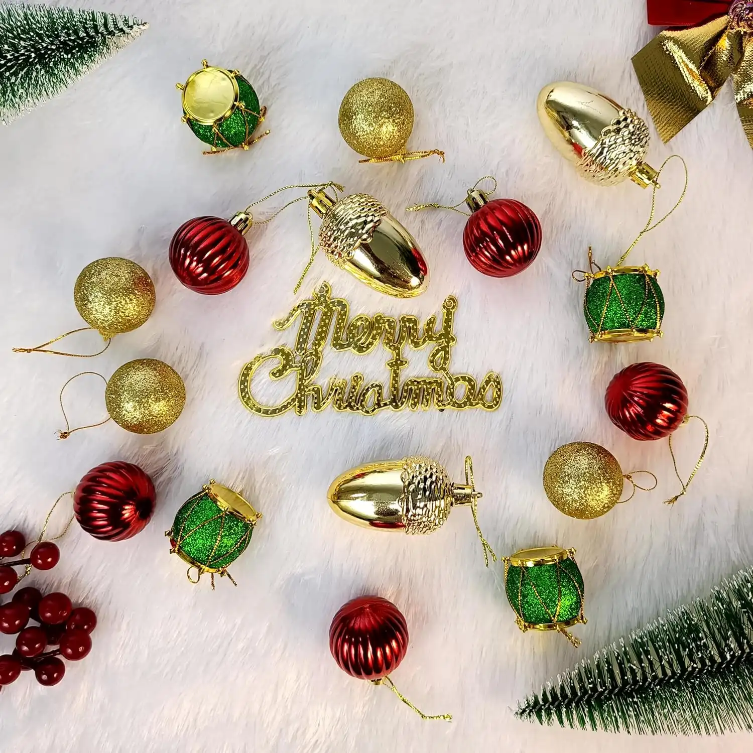 Ascension Christmas Decoration Hanging Ornaments Set Red, Gold & Green Balls, Drums & Acorns with Merry Christmas Tag Hanging Ornaments Props Decorations Item for Home Office Church Xmas Party Decor