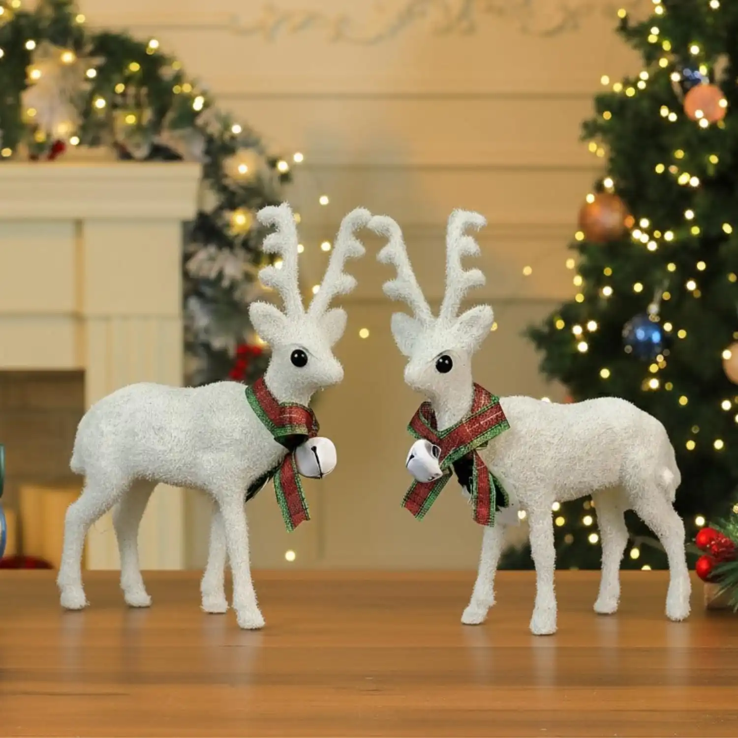 ascension Pack of 2 Christmas Reindeer Figurines Elegant Deer Set for Christmas Decor White Glitter Standing Reindeers for Table Xmas Christmas Party Decoration Christmas Tabletop Decor & Gift Items