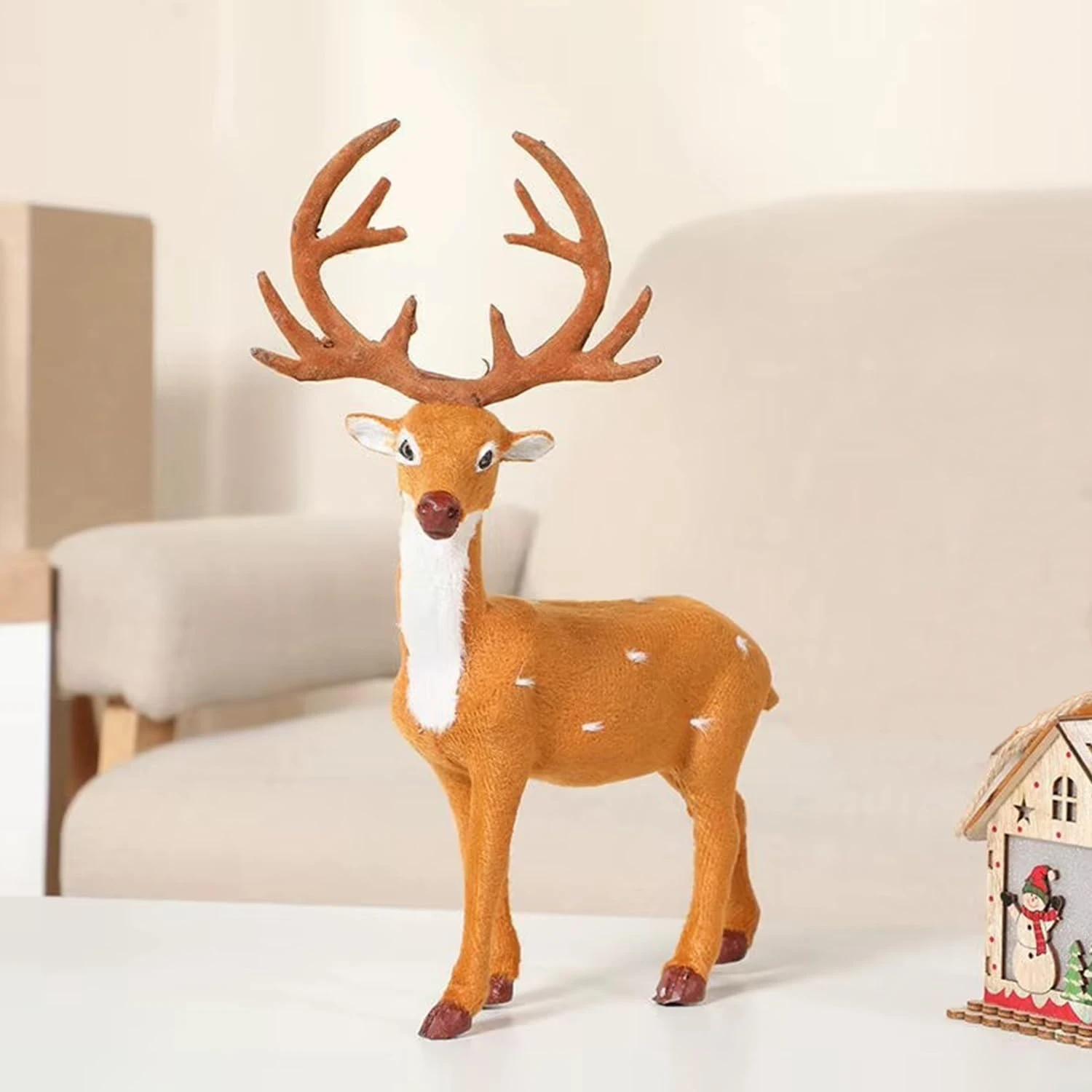 Ascension Elk Reindeer Sculpture Decorative Deer Statue with Antlers for Home Decor, Holiday Table Centerpiece, Xmas Party Decoration Plush Reindeer Elk Statue Accessories Christmas Decor Item