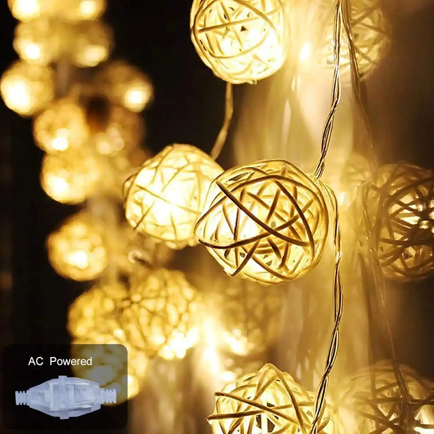 ascension 4 Meters 14 Rice Globe Rattan Balls String Lights for Home Decoration Festival Decor Lights Indoor Outdoor Decorative Fairy Lights Curtain (Warm White) AC Powered(Rattan Ball)