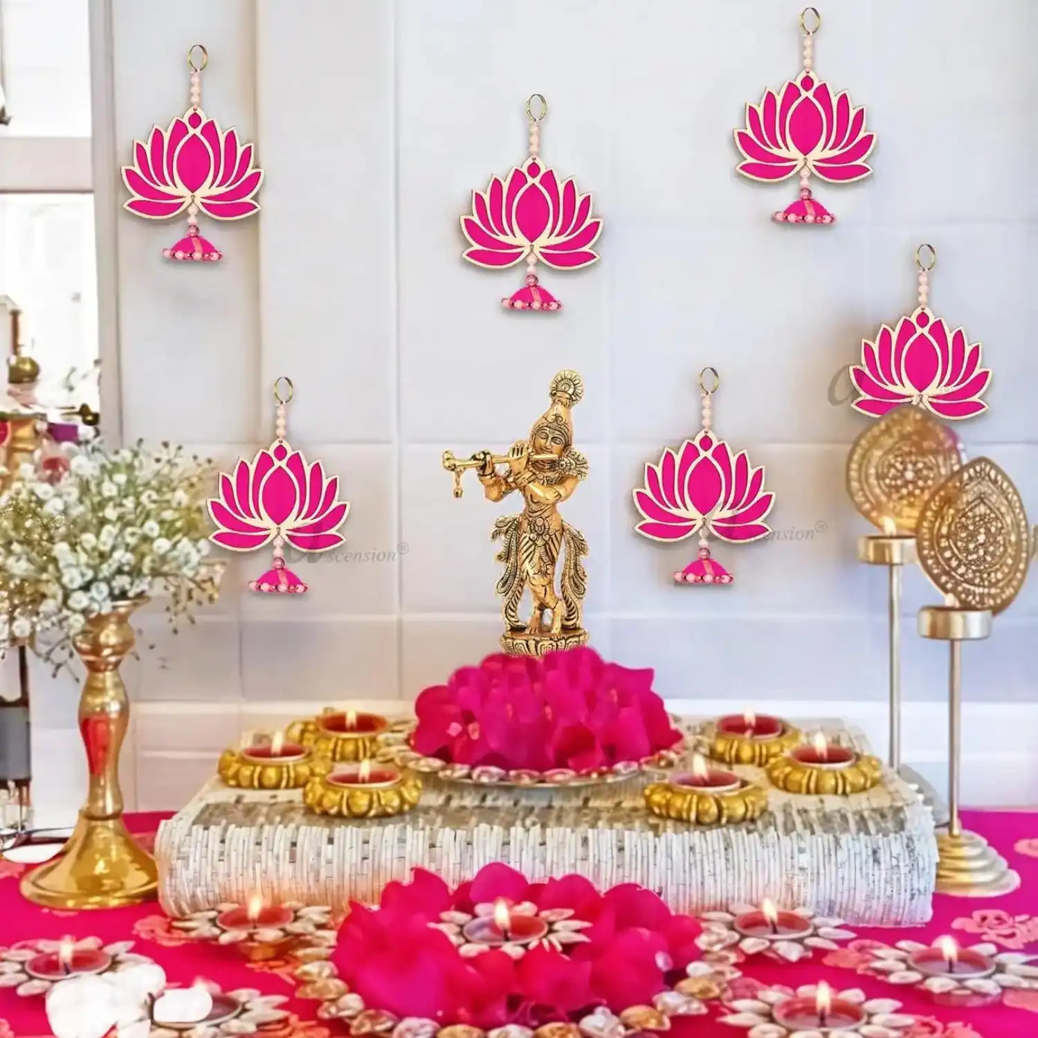 Ascension 6 Pc Handmade Velvet Engineered Wood Wall Decor Lotus Hangings for Decor Latkan with jhumki Hanging for Home Diwali Decoration Item Floral Wall Hangings for Temple Showpiece for Decor