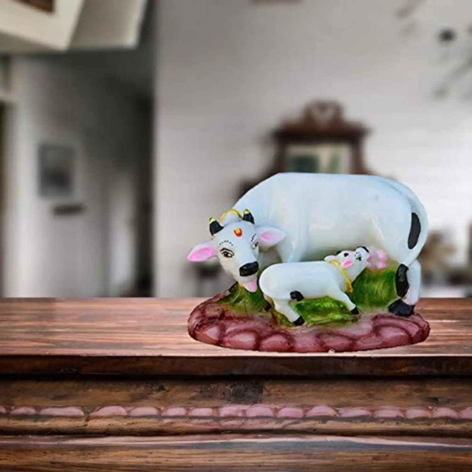 Colorful kamdhenu Cow and Calf Statue Polyresin Statue (Multicolour)