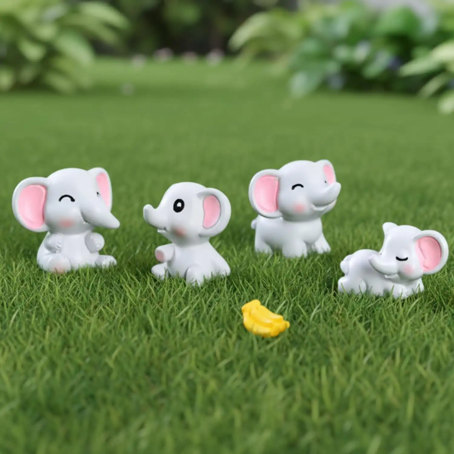 ascension Cute Baby Elephant Miniature Figurines Set of 4 with Banana Animals Miniature Figurines for Home, Living Room,Garden, Restaurant Decoration Christmas Birthday Gifts Cake Decoration Items