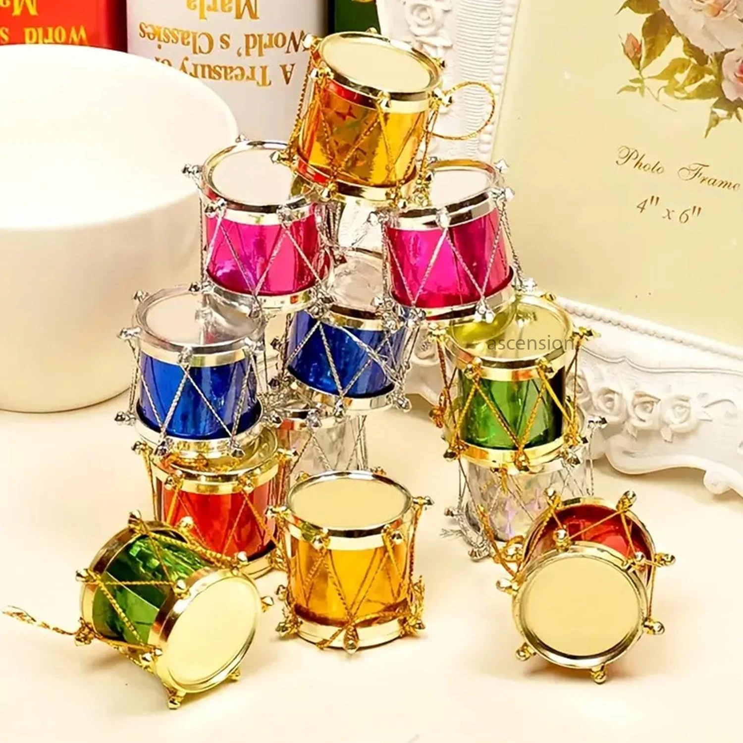 Ascension Pack of 12 Multicolor Mini Drums Ornaments Christmas Tree Decorations Items Xmas Hanging Props Accessories Xmas Tree Decor for Home Gift for Kids Christmas (Mini Drums)