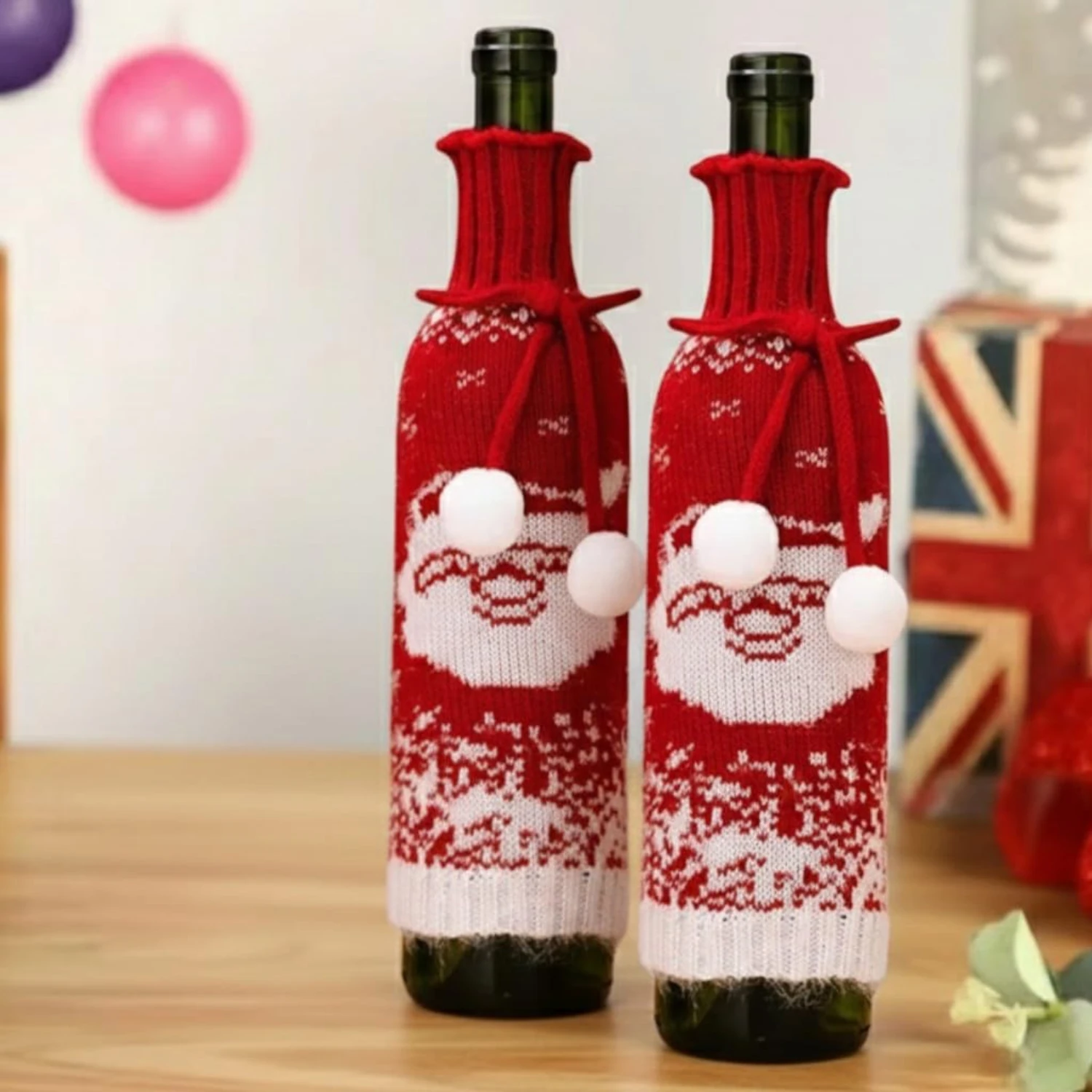 Santa Claus Wine Bottle Sweater Cover – Holiday Table Décor(Pack Of 2)