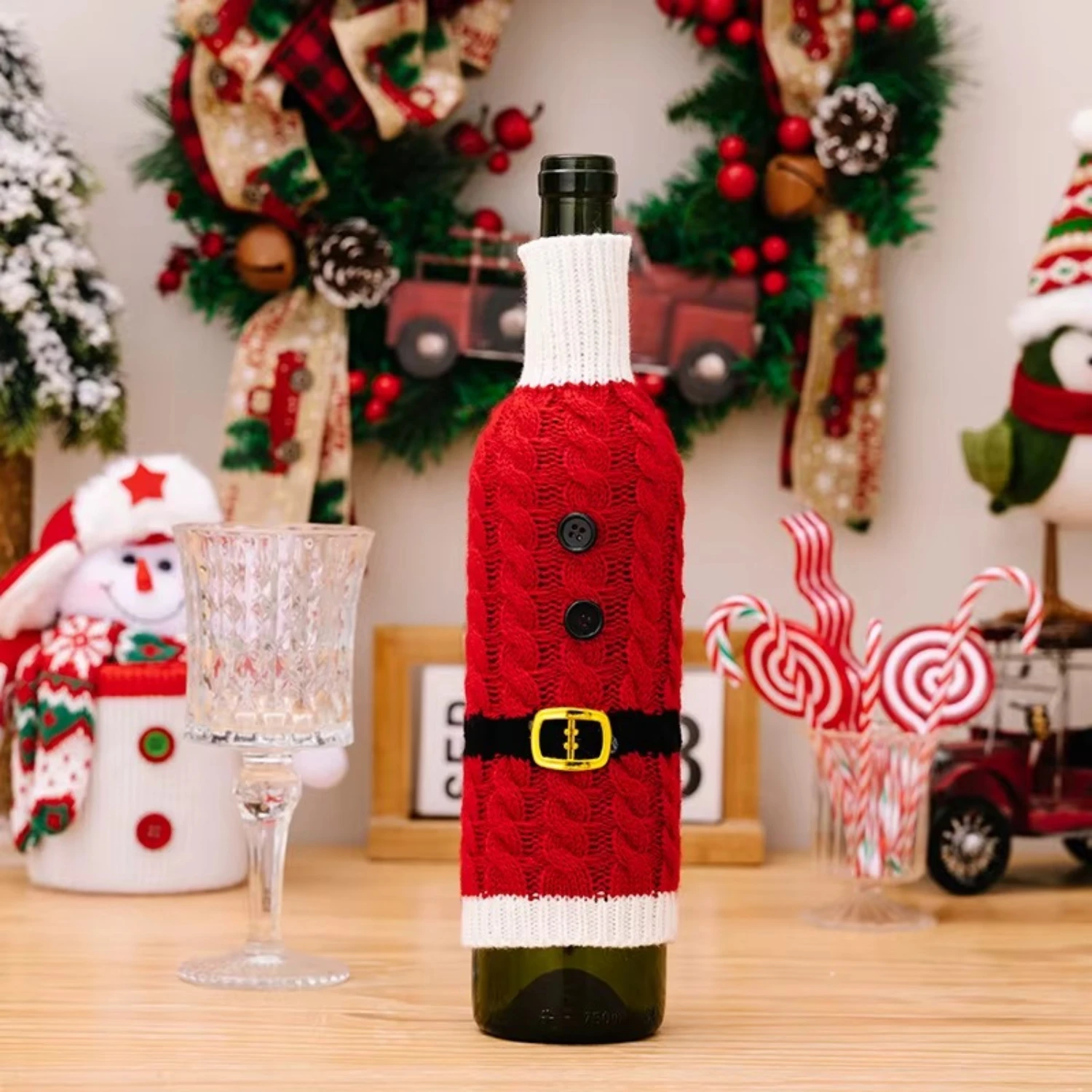 Christmas Wine Bottle Cover – Santa Suit Knitted Sweater with Buttons & Belt
