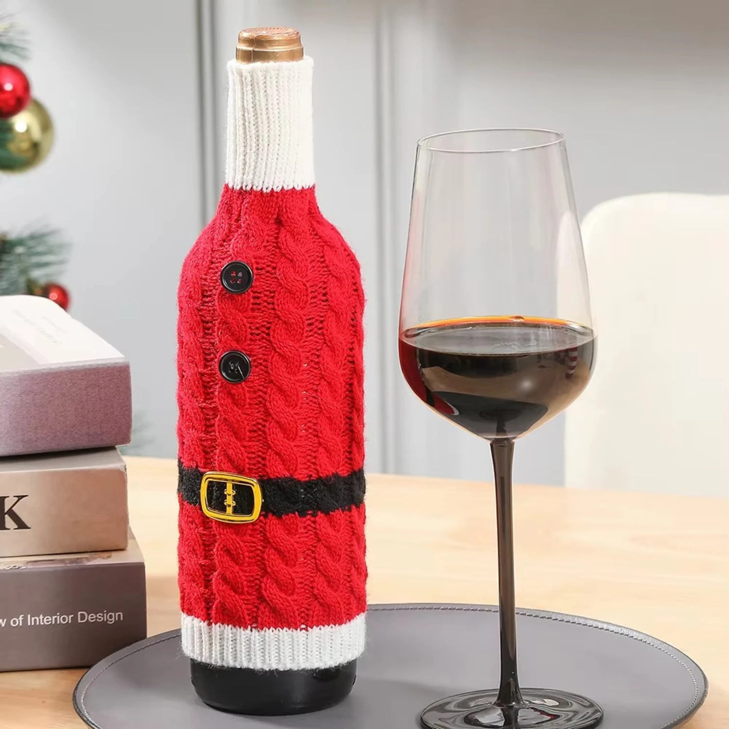 Christmas Wine Bottle Cover – Santa Suit Knitted Sweater with Buttons & Belt - Image 2