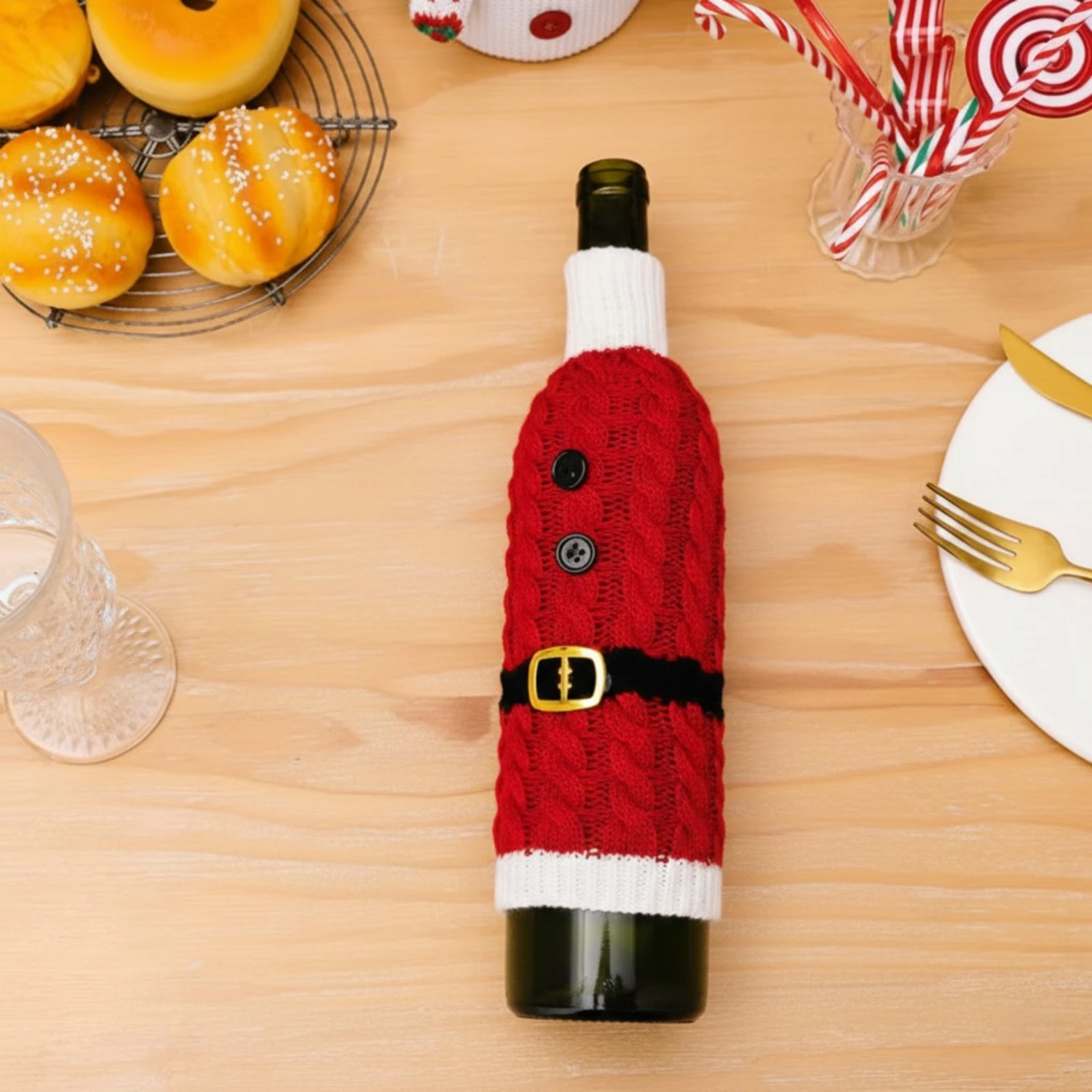 Christmas Wine Bottle Cover – Santa Suit Knitted Sweater with Buttons & Belt - Image 3