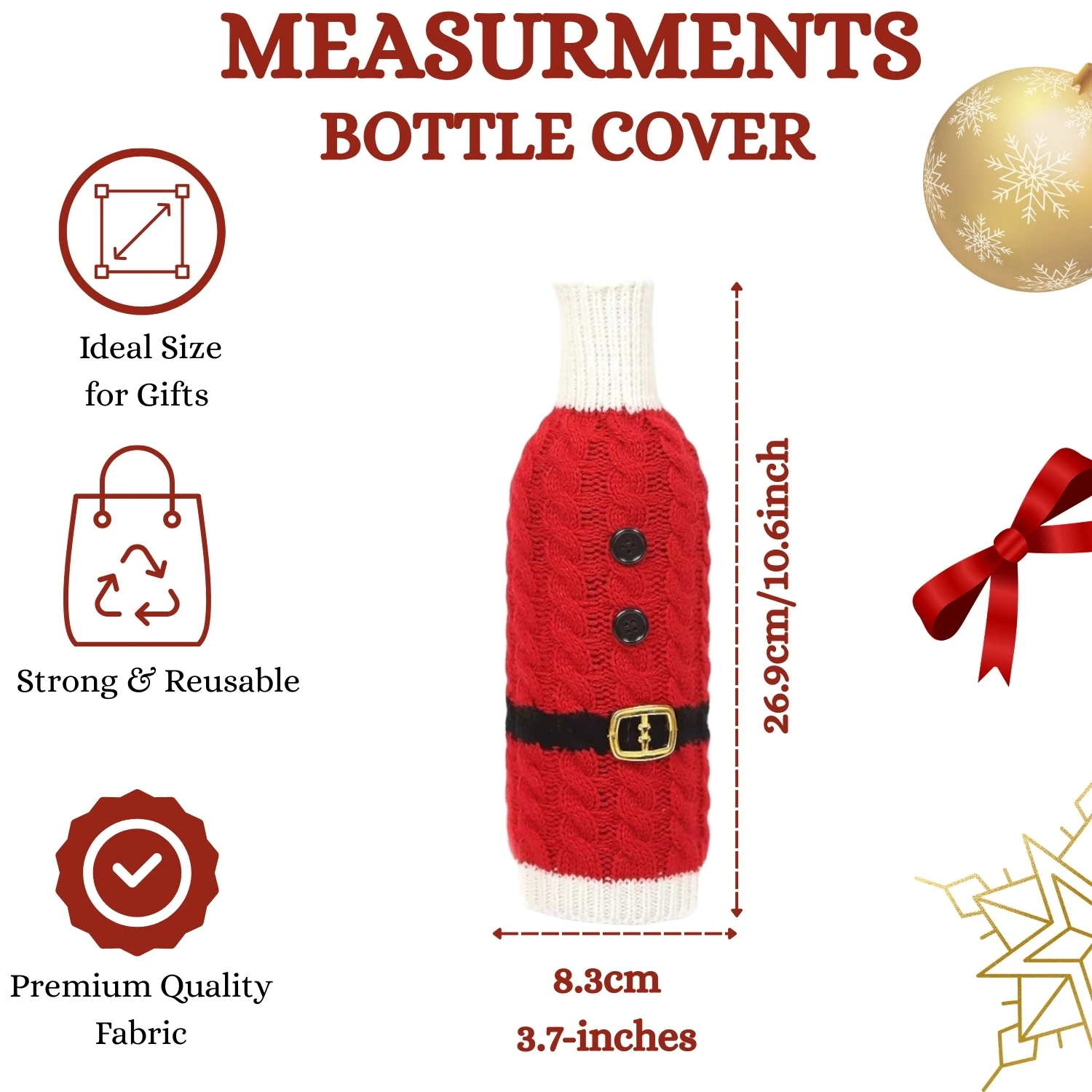 Christmas Wine Bottle Cover – Santa Suit Knitted Sweater with Buttons & Belt - Image 4