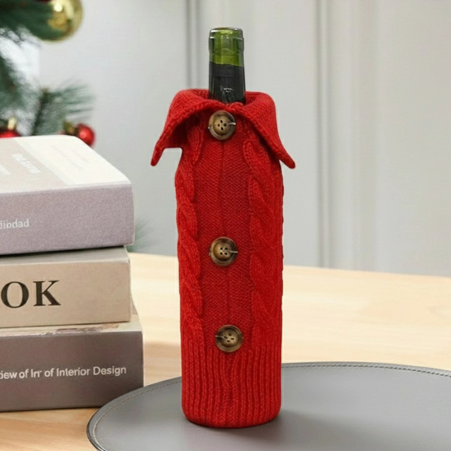 Christmas Wine Bottle Cover – Red Knitted Coat Design with Buttons