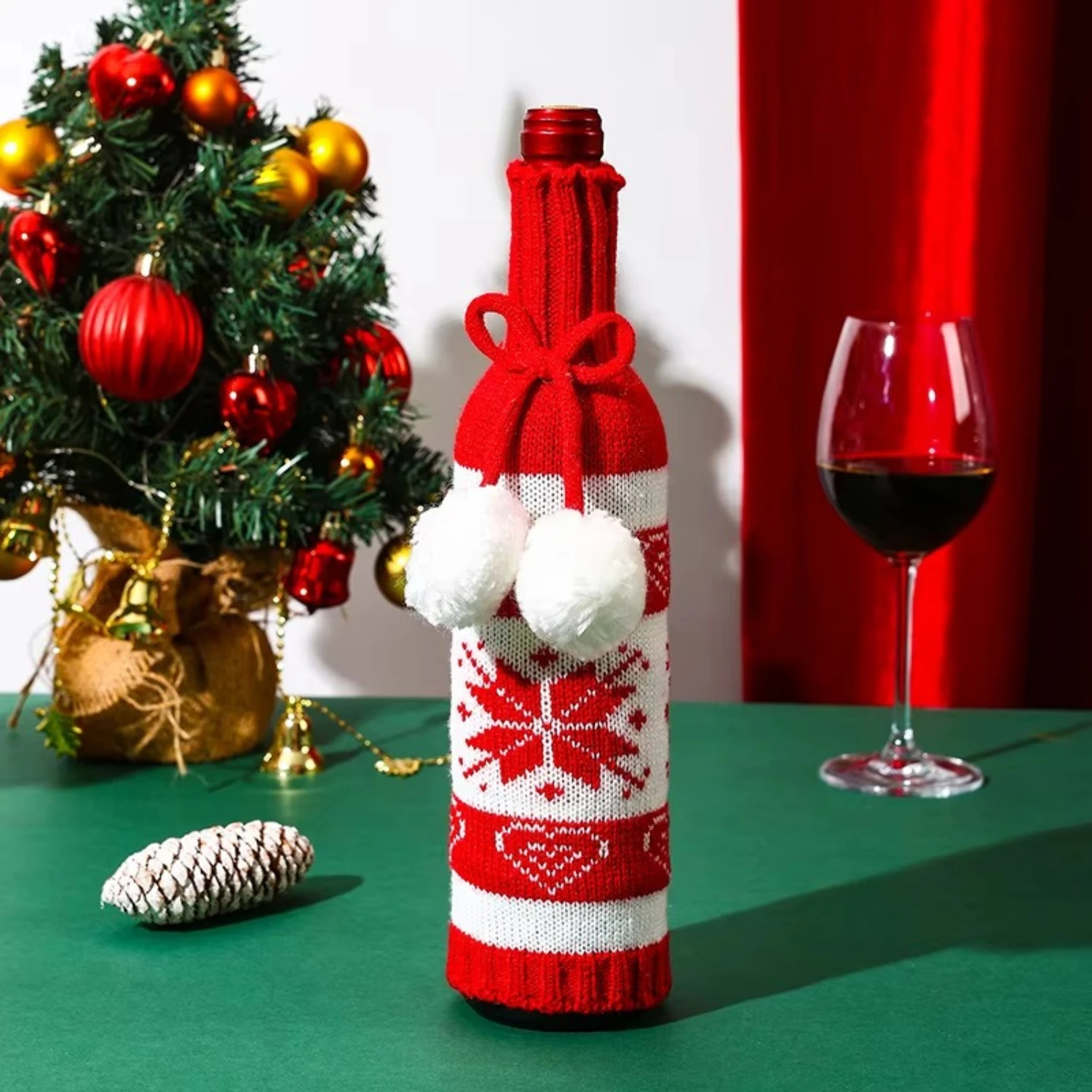Christmas Wine Bottle Cover – Red & White Knitted Snowflake Sweater with Pom-Poms