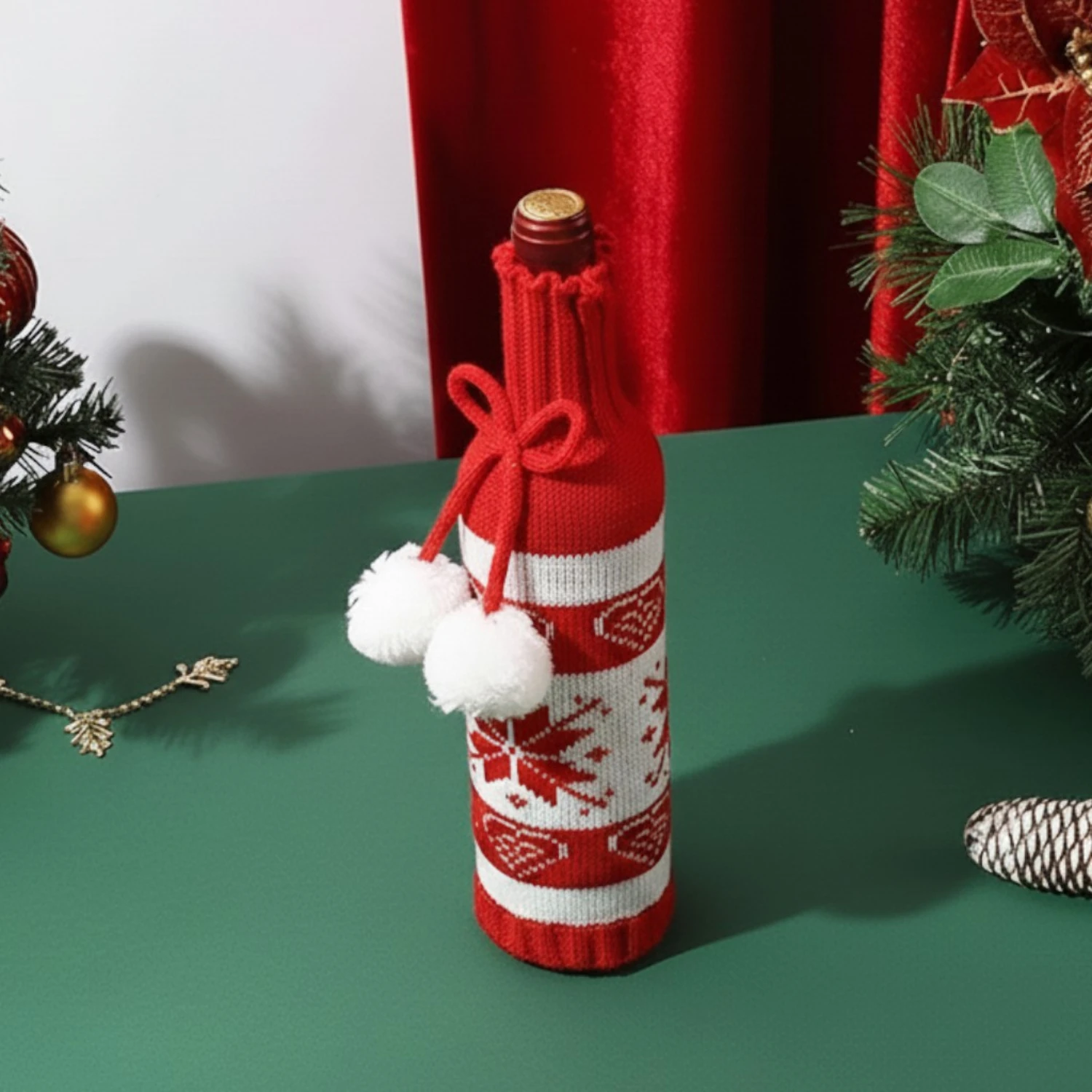 Christmas Wine Bottle Cover – Red & White Knitted Snowflake Sweater with Pom-Poms - Image 2