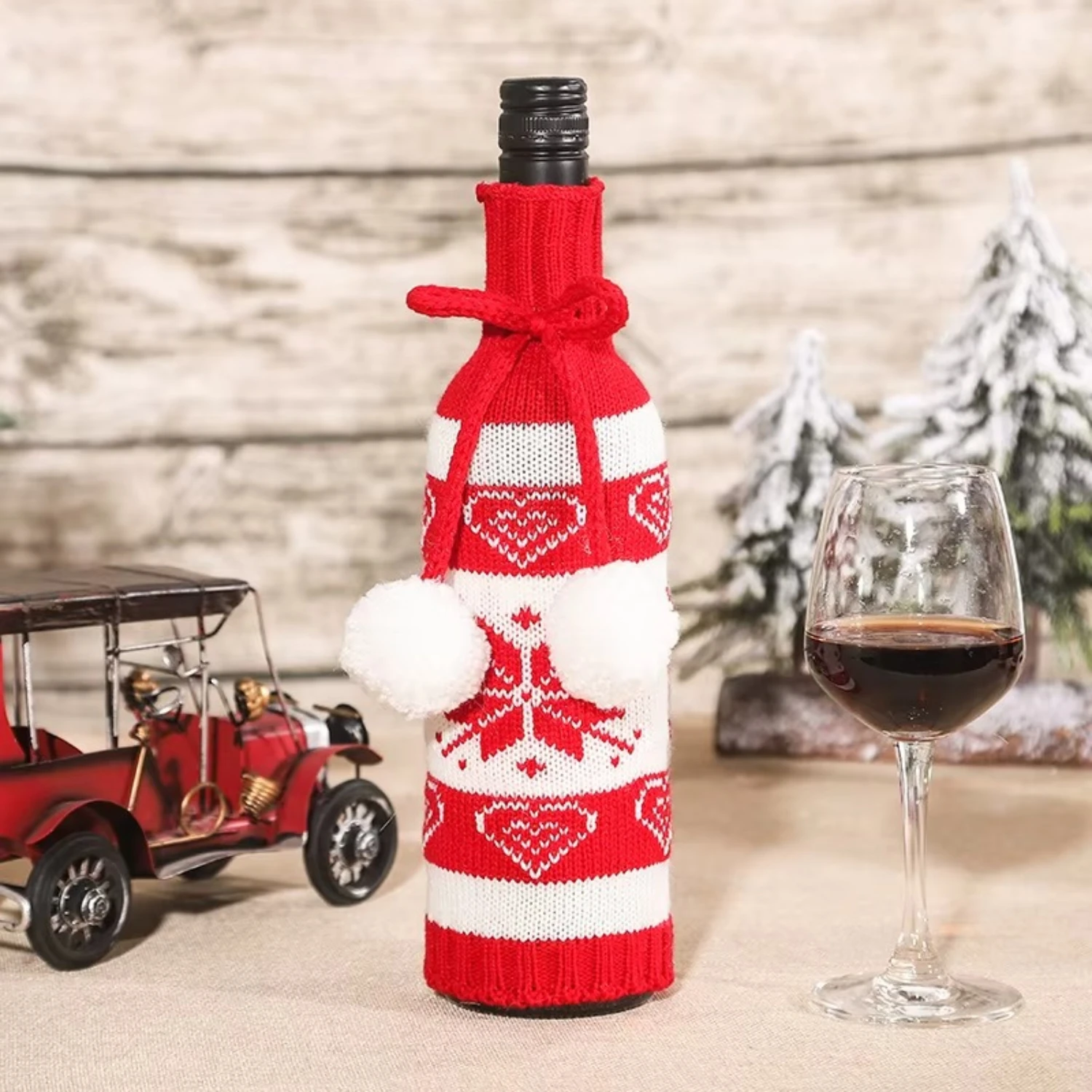 Christmas Wine Bottle Cover – Red & White Knitted Snowflake Sweater with Pom-Poms - Image 3