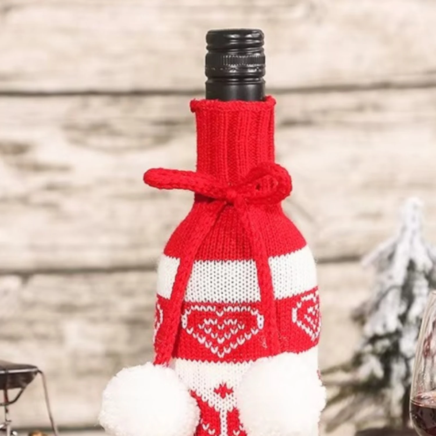 Christmas Wine Bottle Cover – Red & White Knitted Snowflake Sweater with Pom-Poms - Image 4