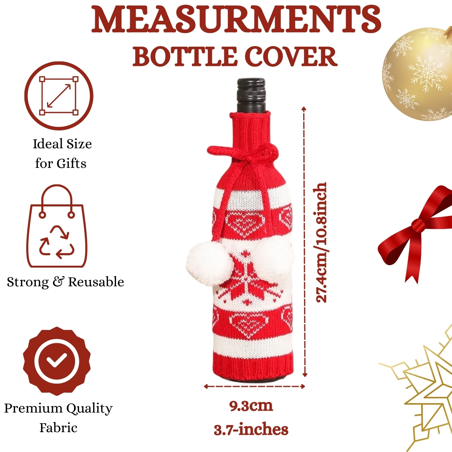 Christmas Wine Bottle Cover – Red & White Knitted Snowflake Sweater with Pom-Poms - Image 5