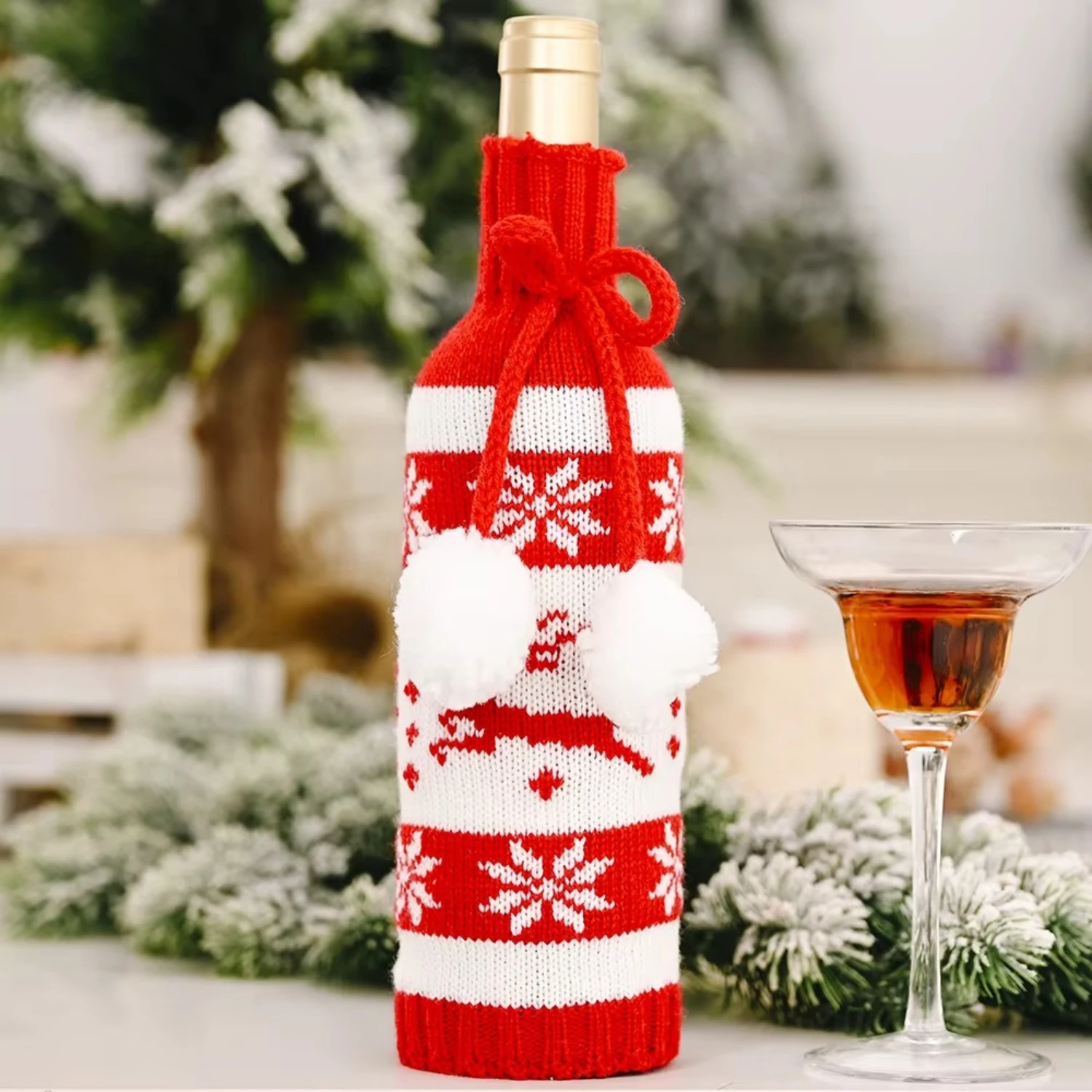 Christmas Wine Bottle Cover – Red & White Knitted Snowflake Sweater with Pom-Poms - Image 6