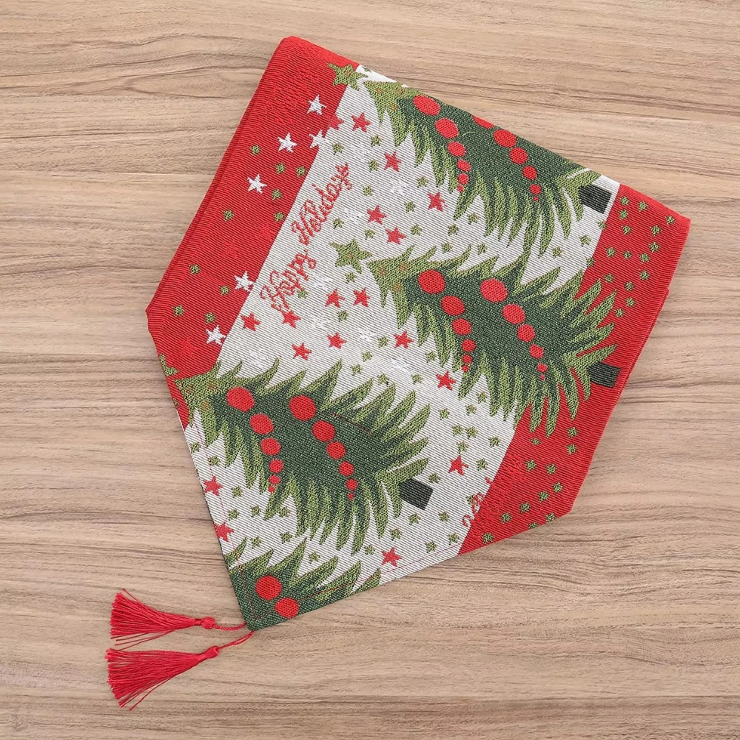 Christmas Table Runner Red Festive Dining Table Decoration with Green Xmas Tree Pattern - Image 2