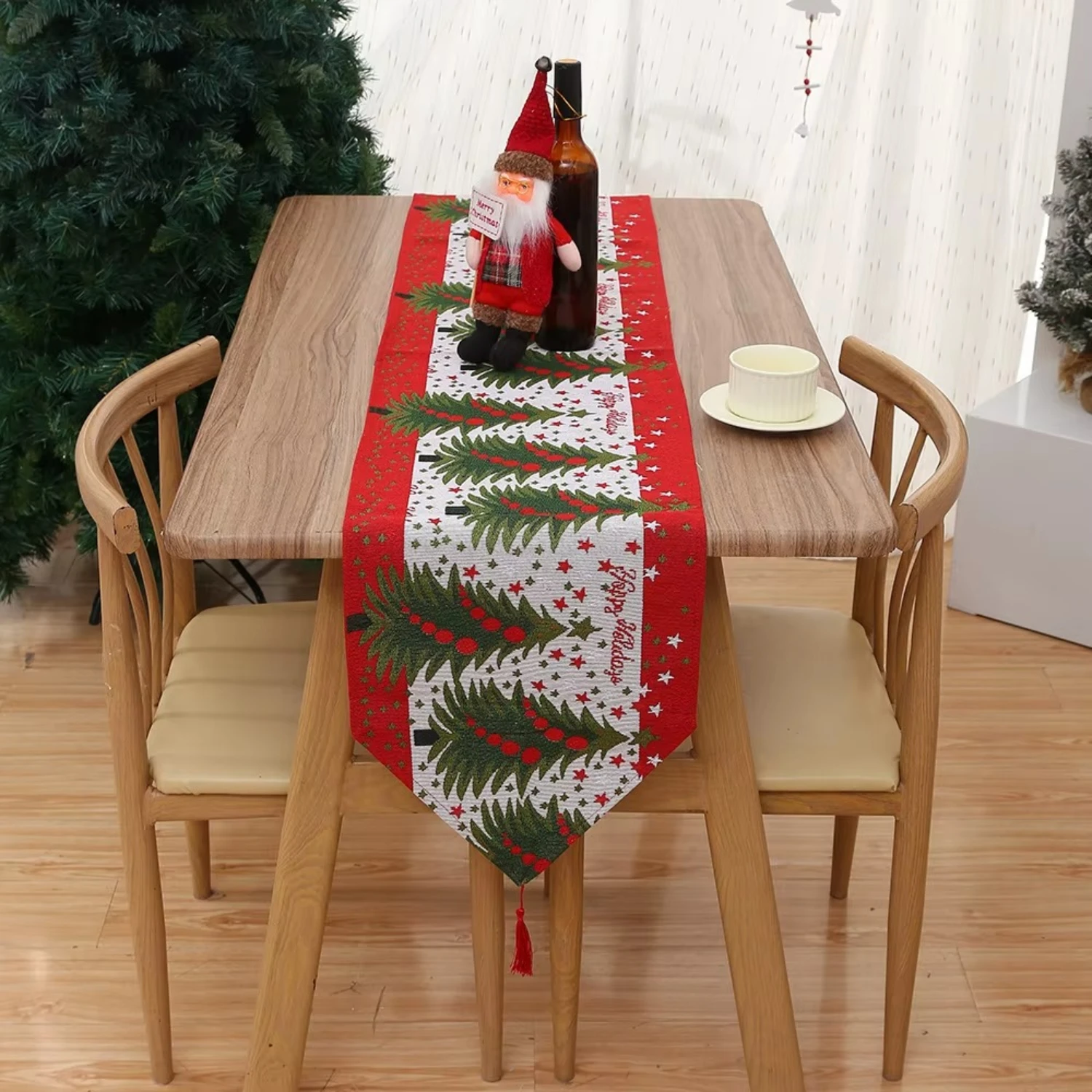 Christmas Table Runner Red Festive Dining Table Decoration with Green Xmas Tree Pattern - Image 6