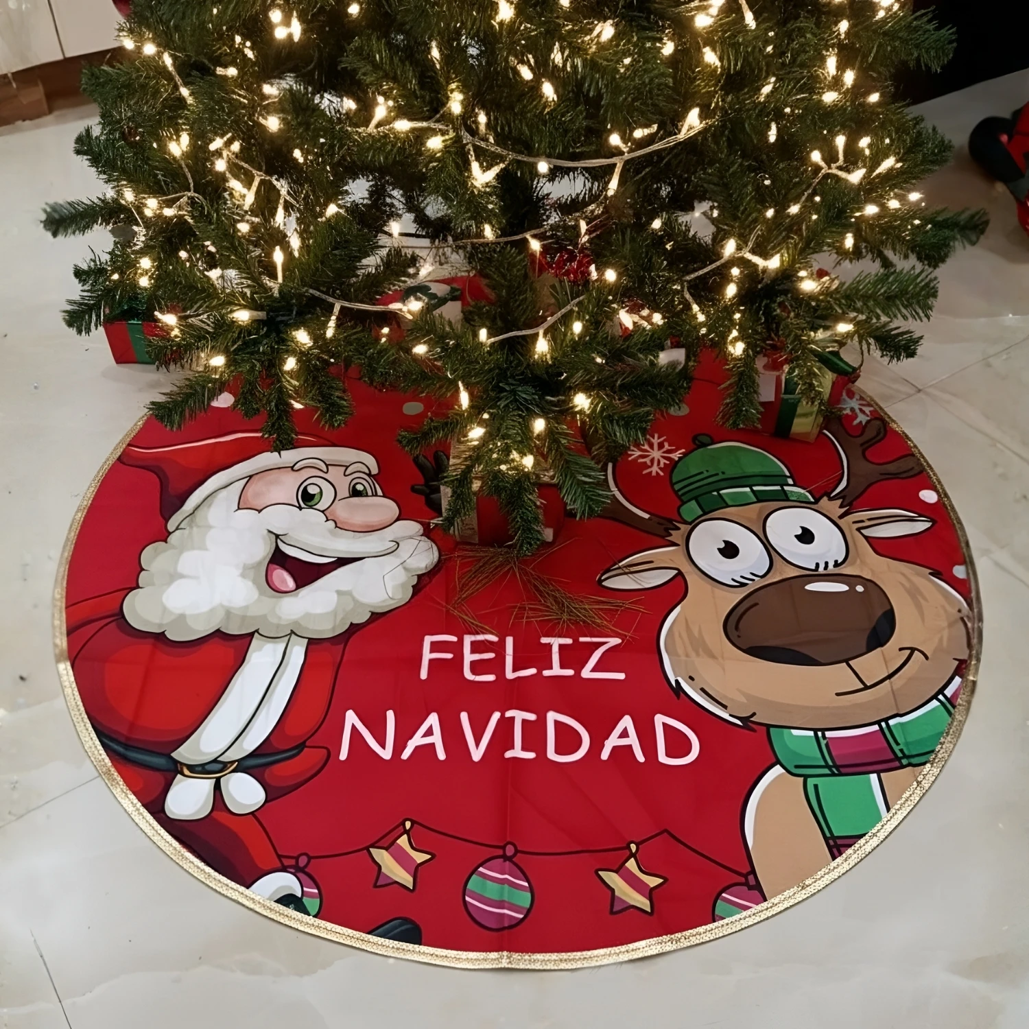 Santa & Reindeer Design Christmas Tree Skirt Double Layered Tree Skirt for Christmas Xmas Decoration - Image 2