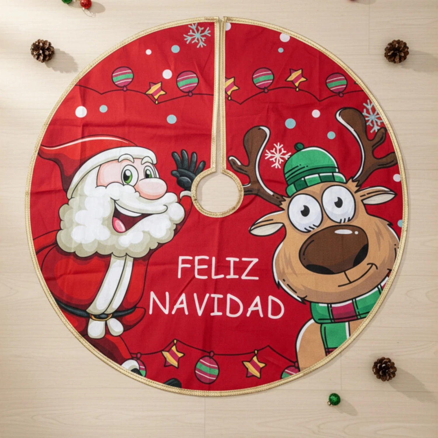 Santa & Reindeer Design Christmas Tree Skirt Double Layered Tree Skirt for Christmas Xmas Decoration - Image 3