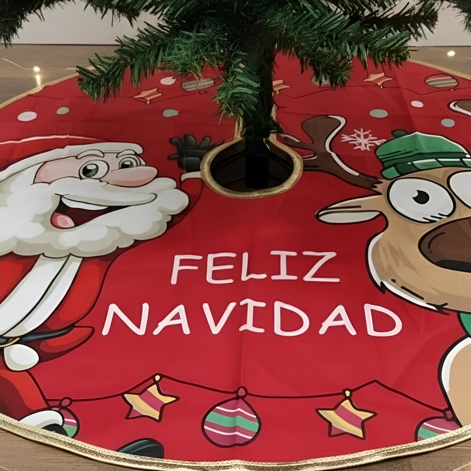 Santa & Reindeer Design Christmas Tree Skirt Double Layered Tree Skirt for Christmas Xmas Decoration - Image 4